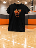 Custom Unisex T-Shirt- with an orange basketball hoop design and the number 67.