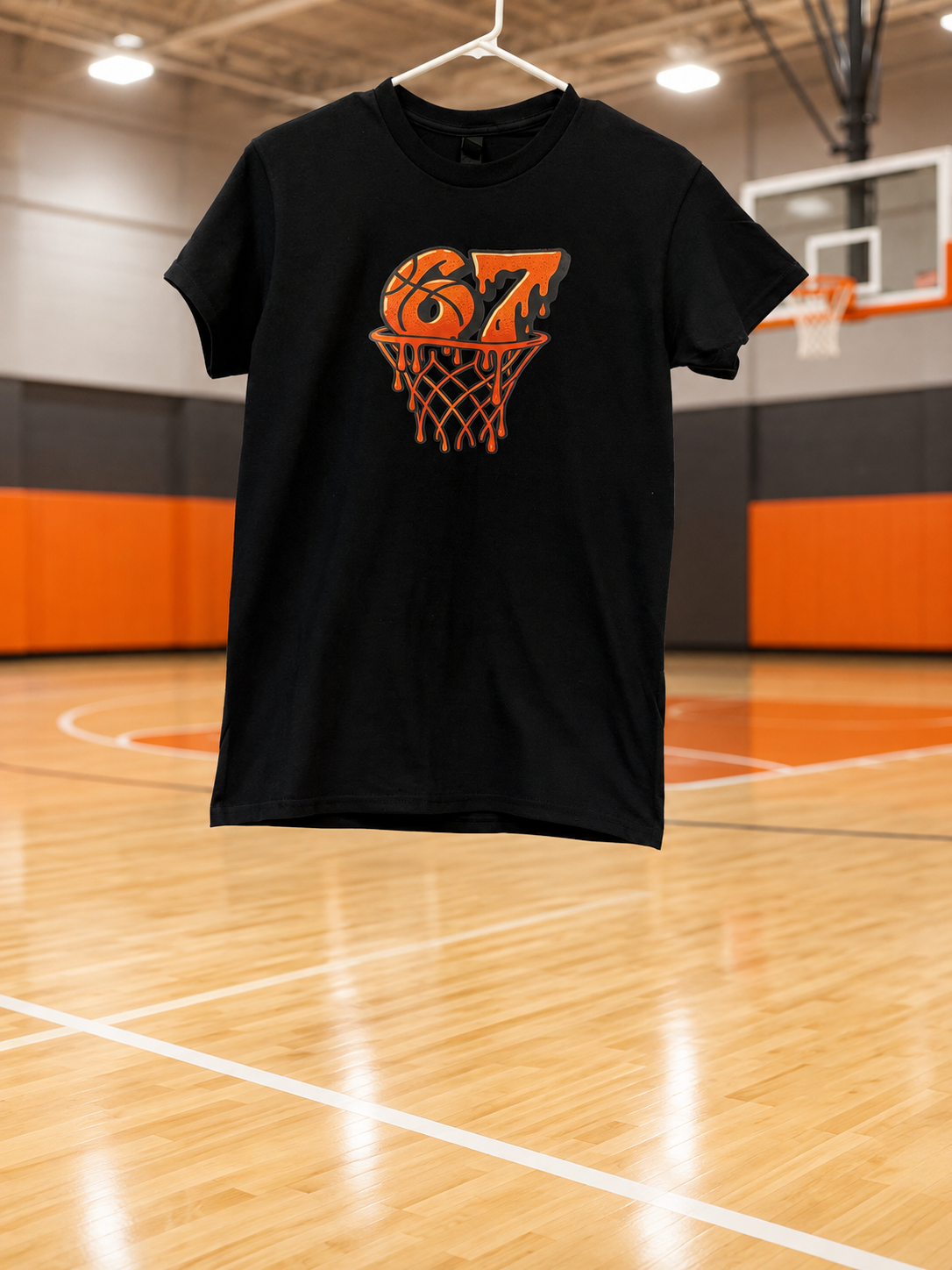 Custom Unisex T-Shirt- with an orange basketball hoop design and the number 67.