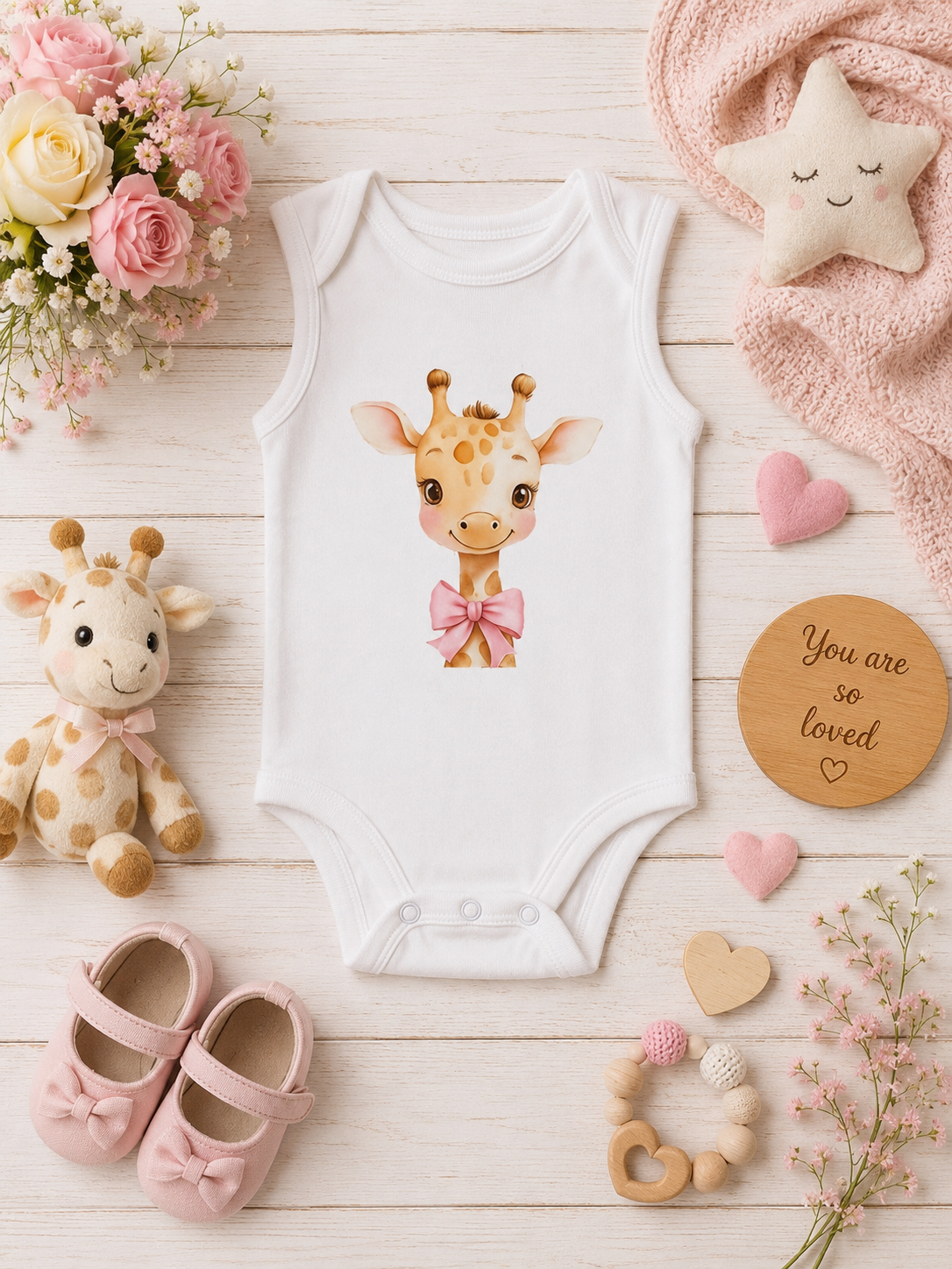 Custom Baby Bodysuit- giraffe with a pink bow at the neck
