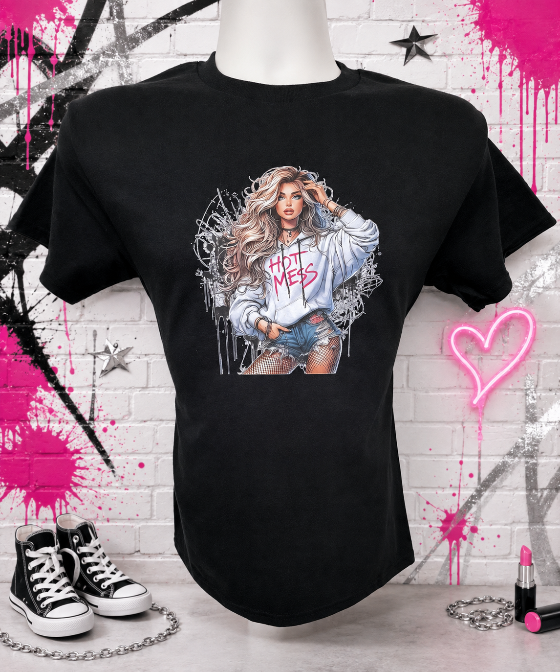 Custom Graphic T-Shirt- featuring a "Hot Mess" girl design; available in gray backgrounds.