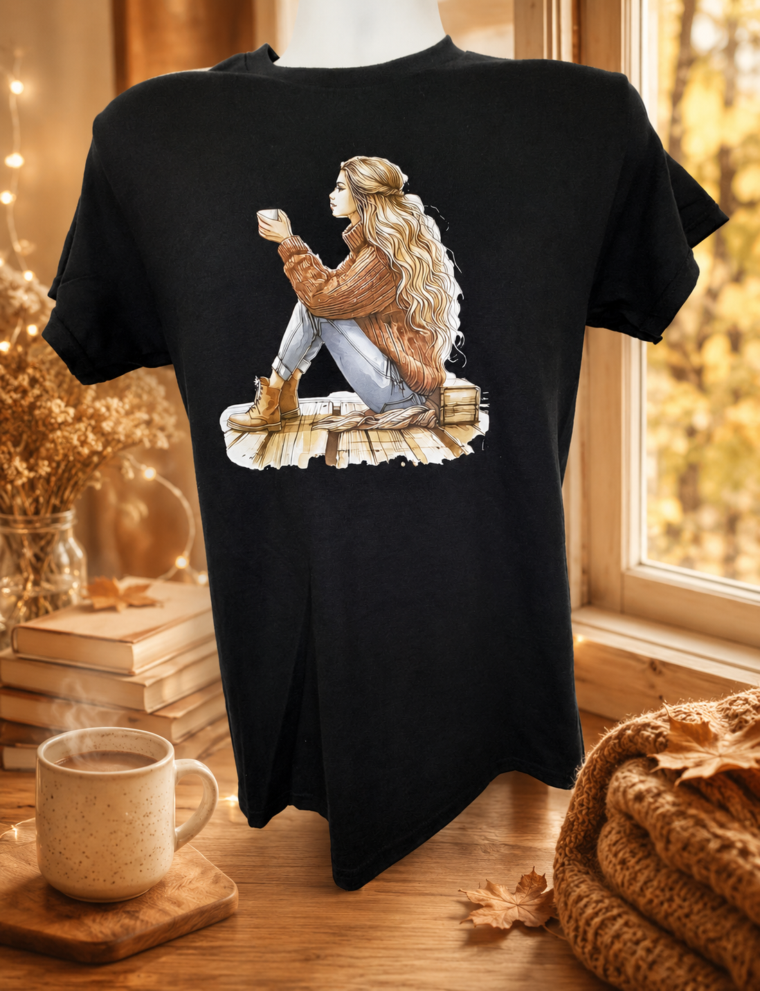 Custom Graphic T-Shirt- featuring a design of a girl in a brown sweater on a pier, deep in thought while holding a cup of coffee.