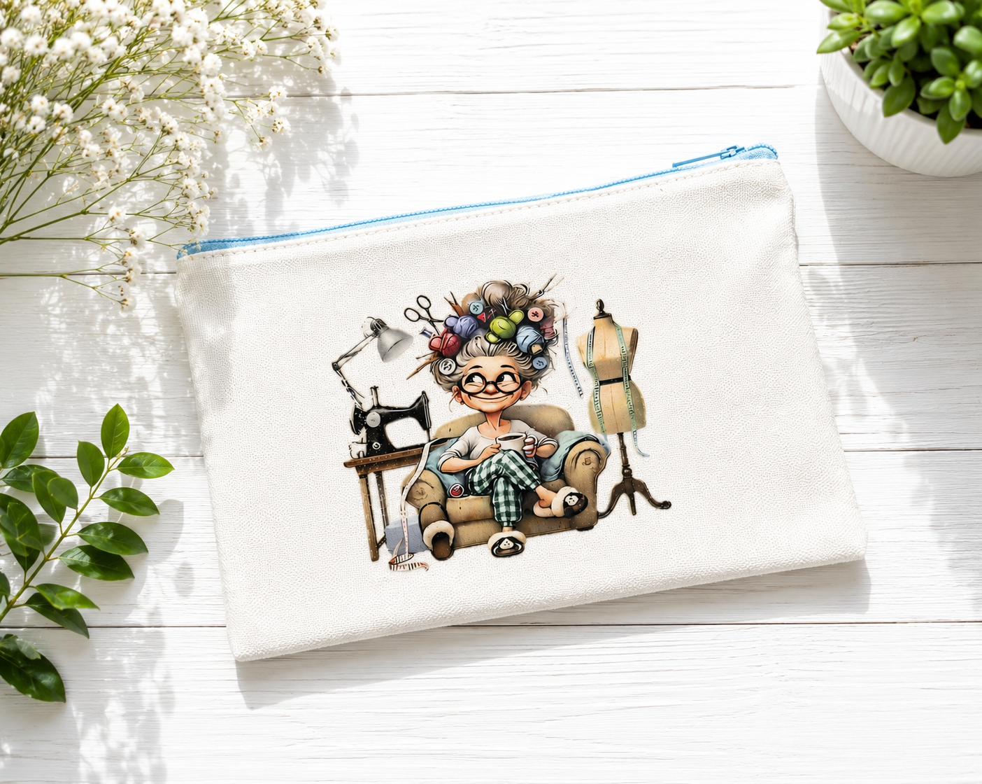 Custom Canvas Pencil (seamstress drinking coffee, sky blue zipper)