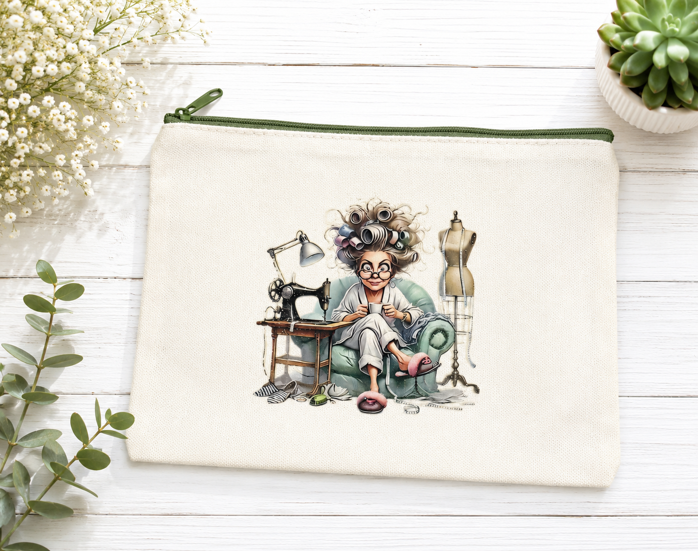 Custom Canvas Pencil (seamstress drinking coffee, dark green zipper)