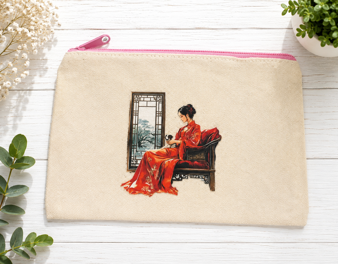 Custom Canvas Pencil -a seated geisha holding a small dog.