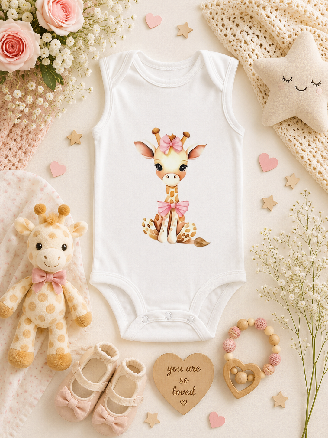 Custom Baby Bodysuit-a seated giraffe with a pink bow