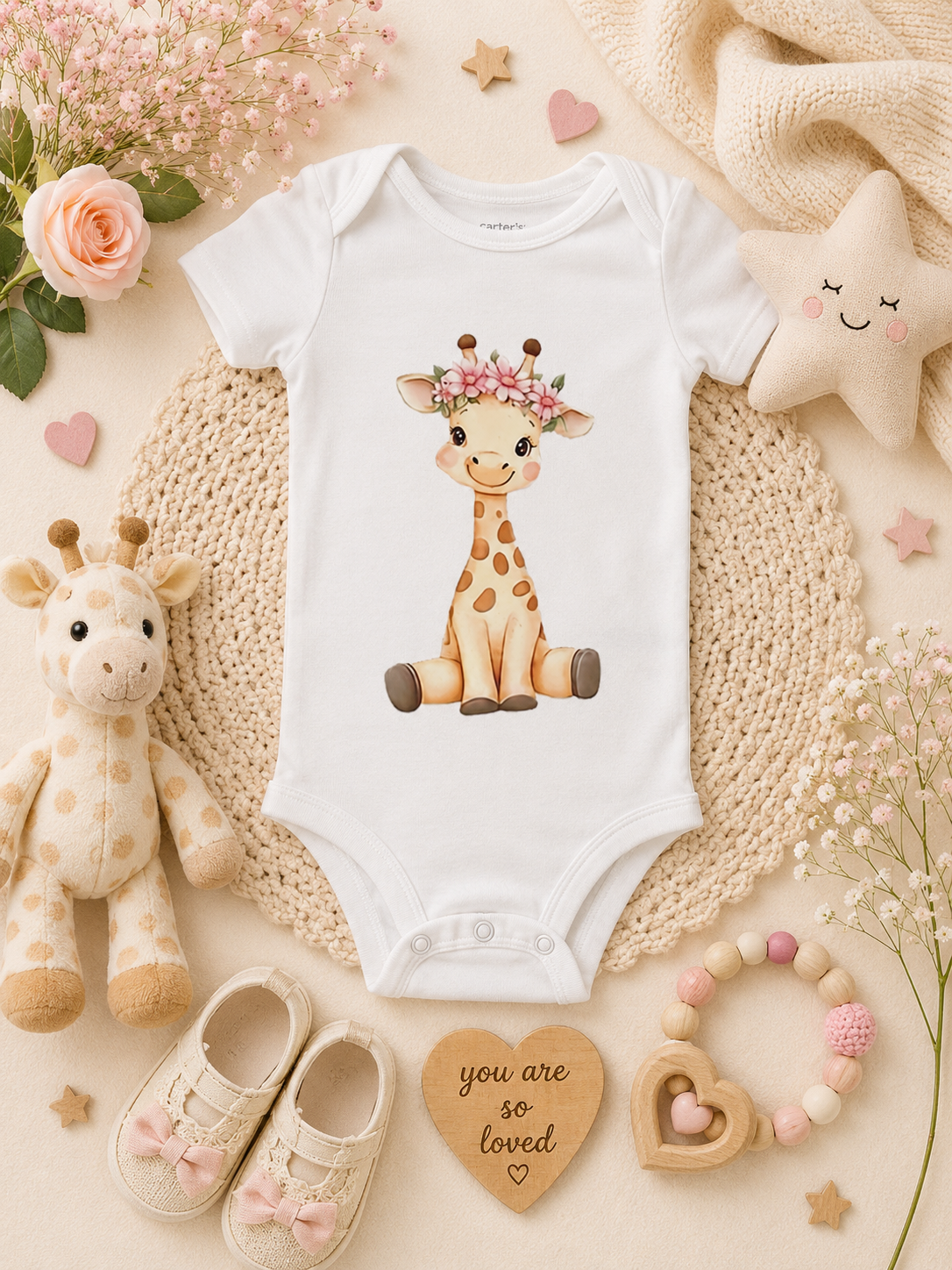 Custom Baby Bodysuit-giraffe with a flower crown  on its head