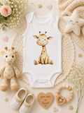 Custom Baby Bodysuit-Sitting, smiling giraffe