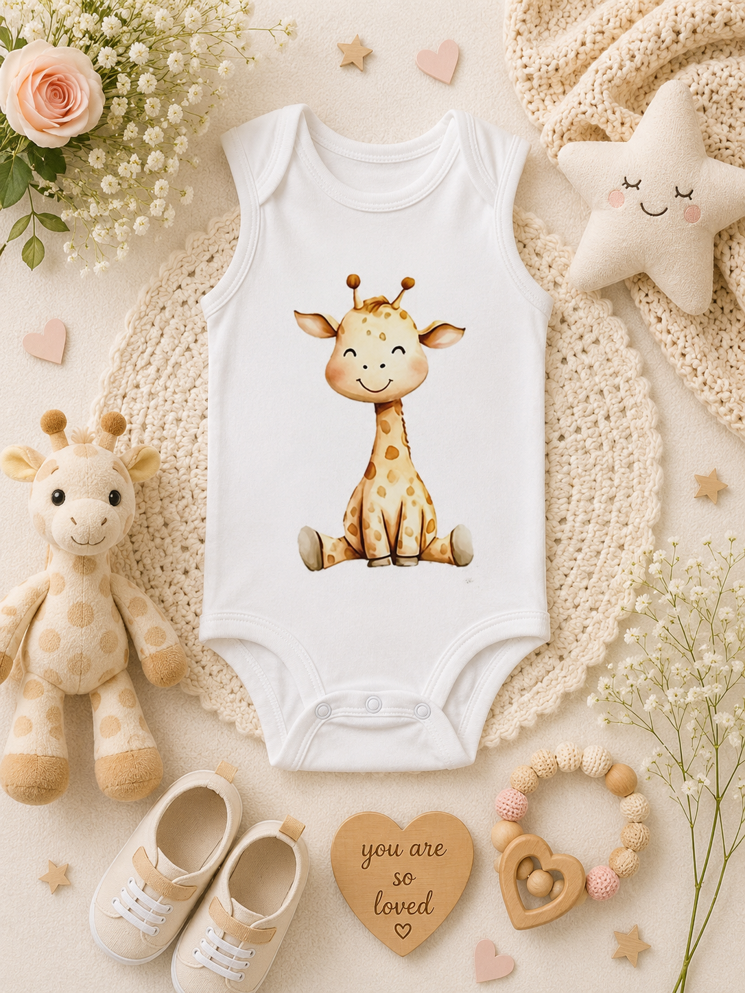 Custom Baby Bodysuit-Sitting, smiling giraffe