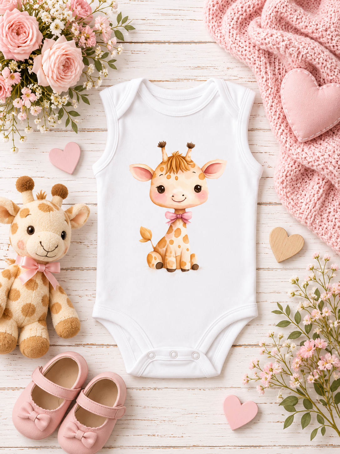 Custom Baby Bodysuit-giraffe with pink bow around its neck