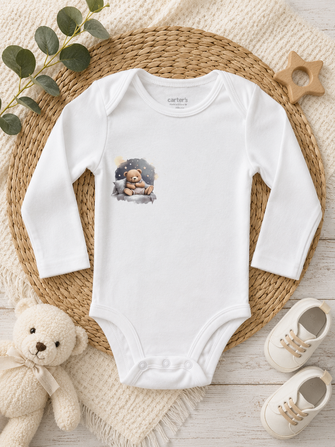 Custom Baby Bodysuit-Teddy bear in pajamas sitting on the bed.