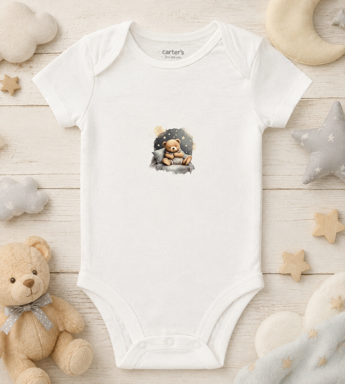 Custom Baby Bodysuit-bear lying in bed