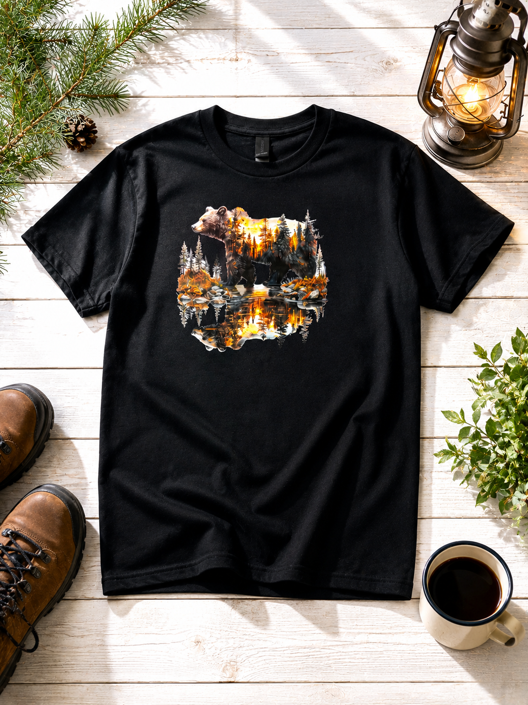 Custom Unisex T-Shirt- featuring a bear design set against water and mountains.