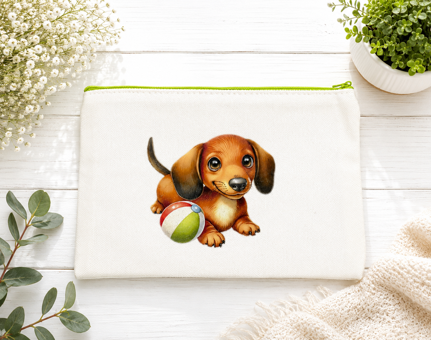 Custom Canvas Pencil -brown puppy design with a beach ball and a soft green zipper