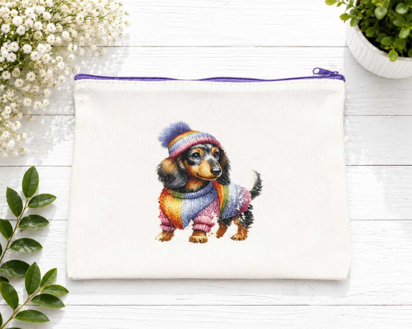 Custom Canvas Pencil-a puppy in a multicolored sweater design;