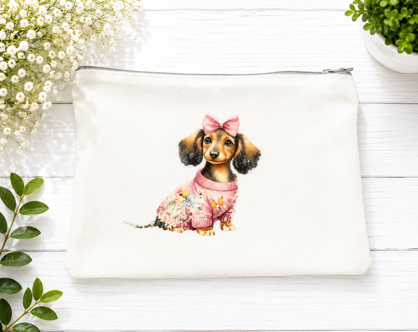Custom Canvas Pencil  a little dog with a bow on its head and a pink sweater